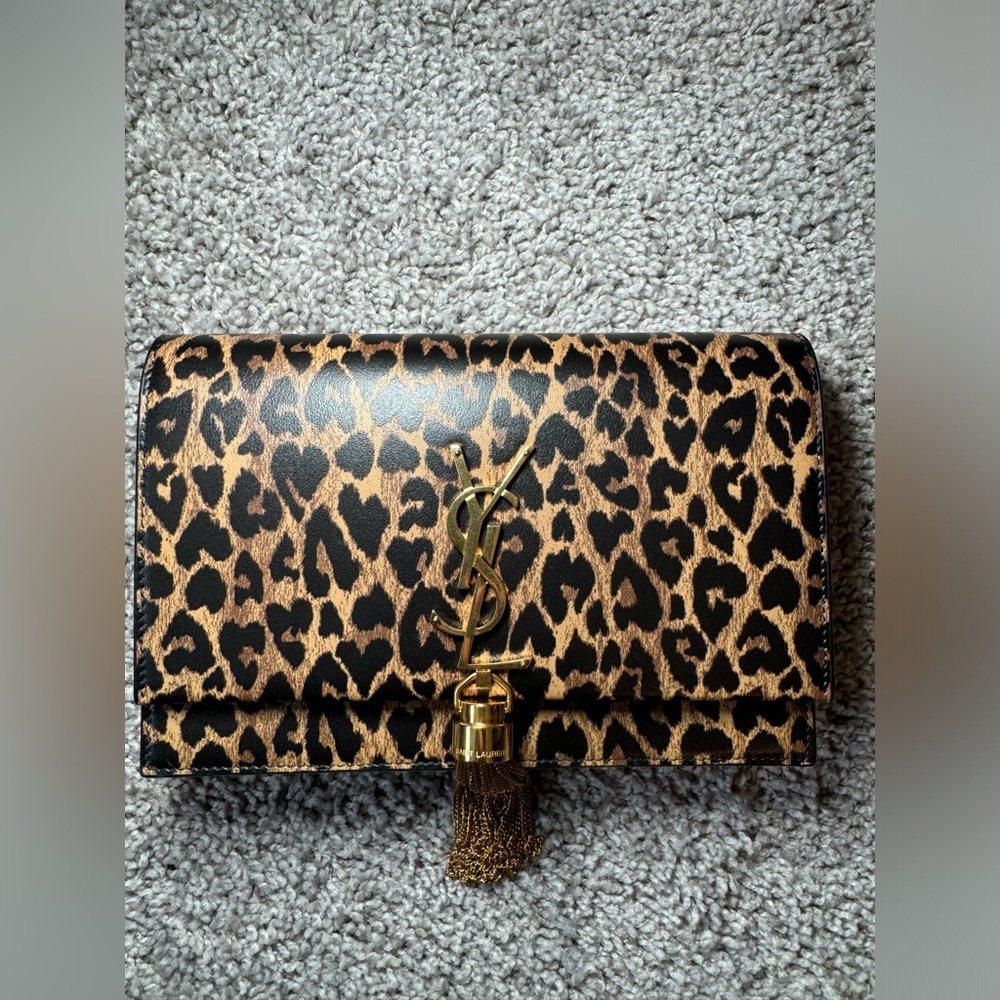 NWT Saint Laurent Calfskin Heart Leopard Small Kate Shoulder/Crossbody Bag